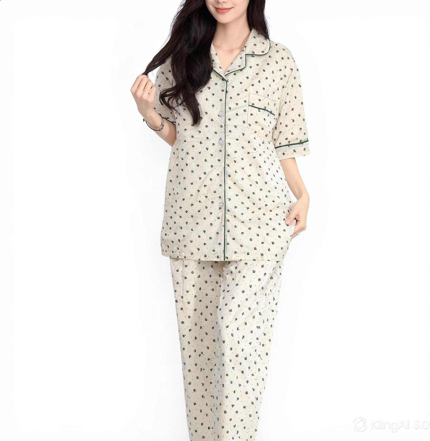 Women's Cotton Pjs Set Of 2 -Short Sleeve Button Down Sleepwear With Pants