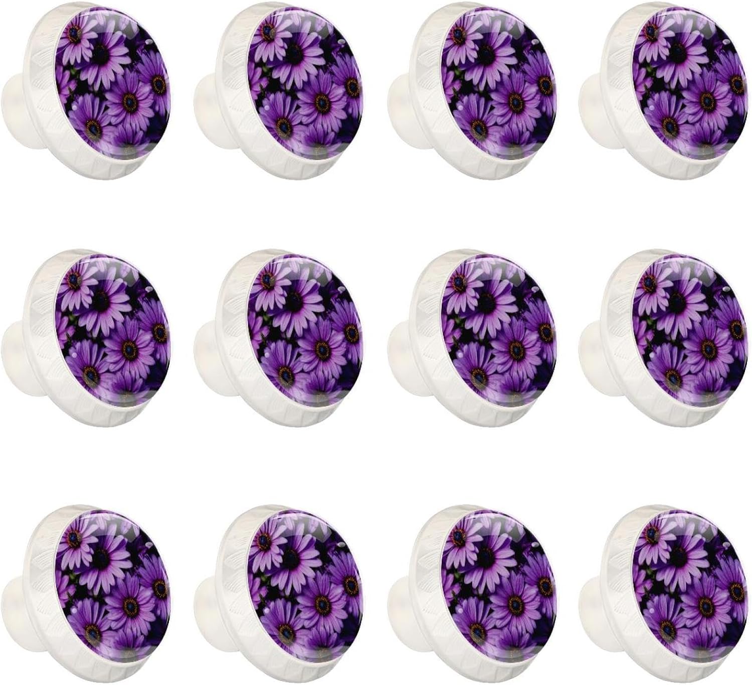 Black Purple Flowers Pattern Drawer Knobs, Decorative Cabinet Hardware for Bathroom Cabinet, Sturdy Glass Knobs with Screws