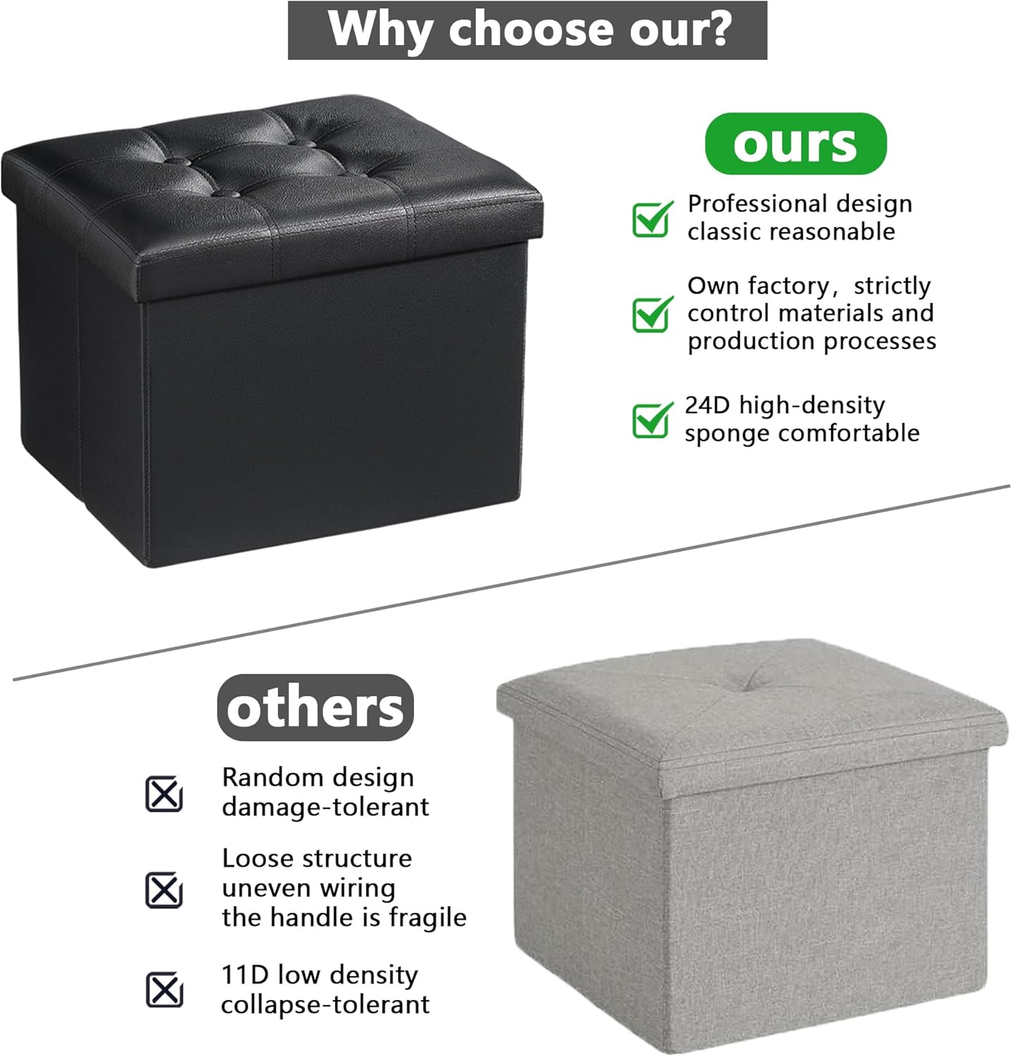 AmasSmile Storage Ottoman Folding Foot Rest Stool, Leather Footstool Bench, Short Ottoman Stool, Storage Foot Rest Store, Books (Black, 17" D x 13" W x 13" H) - Image 4