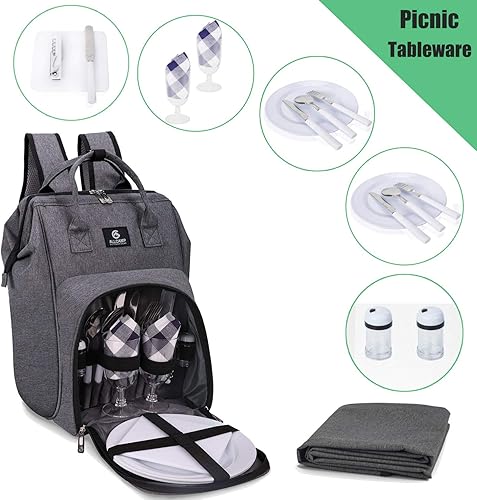 Miniatura 5 de ALLCAMP OUTDOOR GEAR Mochila de picnic para 2 personas con manta, platos y cubiertos de forro polar Gris Plomo,Negro,Azul,Marrón,Gris,Azul
