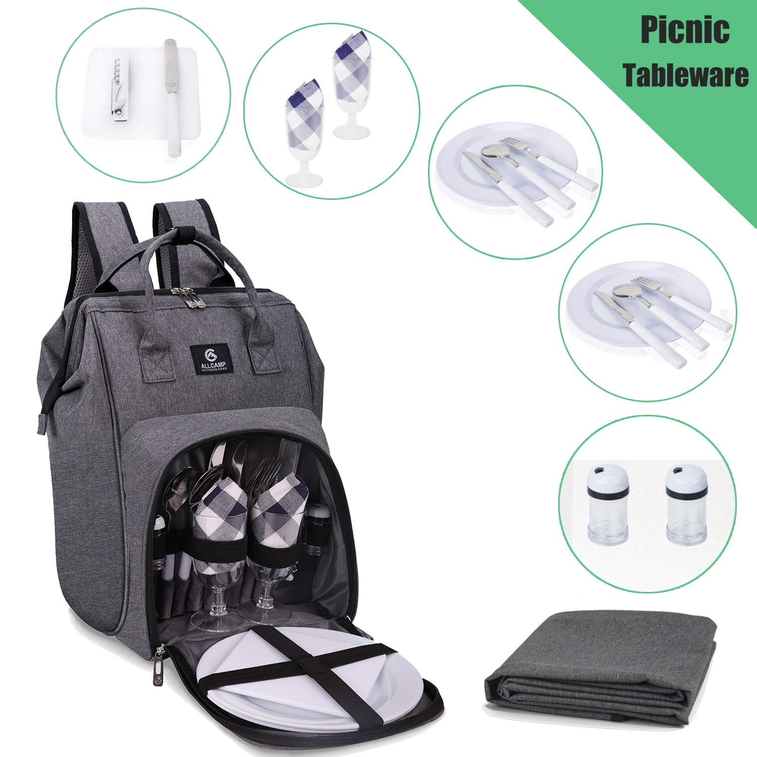 ALLCAMP Outdoor Gear Picnic Backpack for 2 Person W/Fleece Blanket, Plates and Cutlery Set