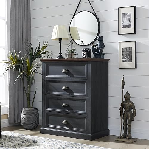 Dresser for Bedroom,4 Drawer Bedroom Dresser,Chest of Drawers Organizer Storage, Farmhouse Wood Rustic Tall Dresser Chest of Drawer for Closet, Living Room, Children's Room,Dark Grey