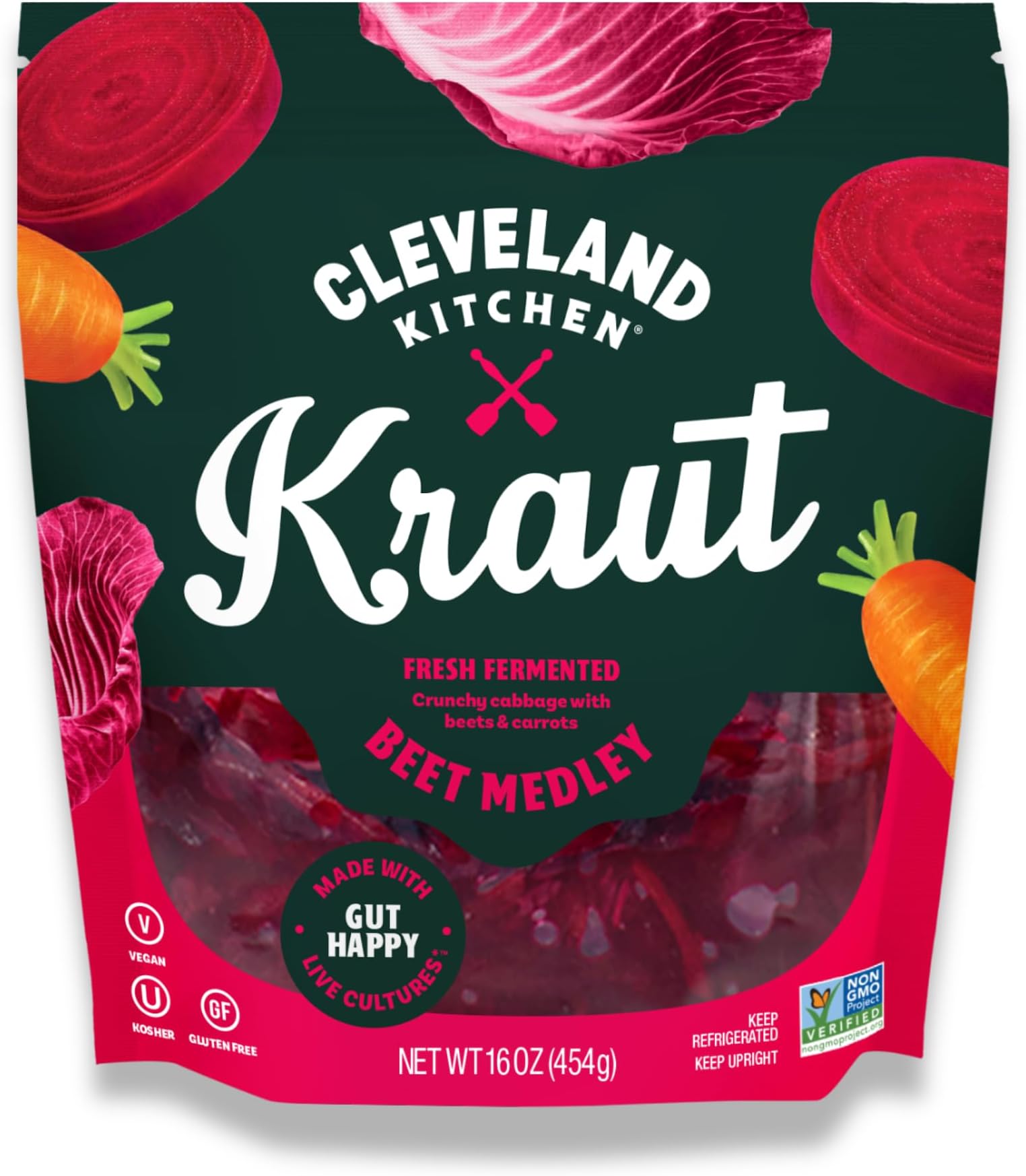 Cleveland Kitchen Beet Red Kraut - Lightly Fermented Vegetables, Fresh & Crunchy Sauerkraut with Beets and Carrots, Live & Natural Probiotics, 16 oz
