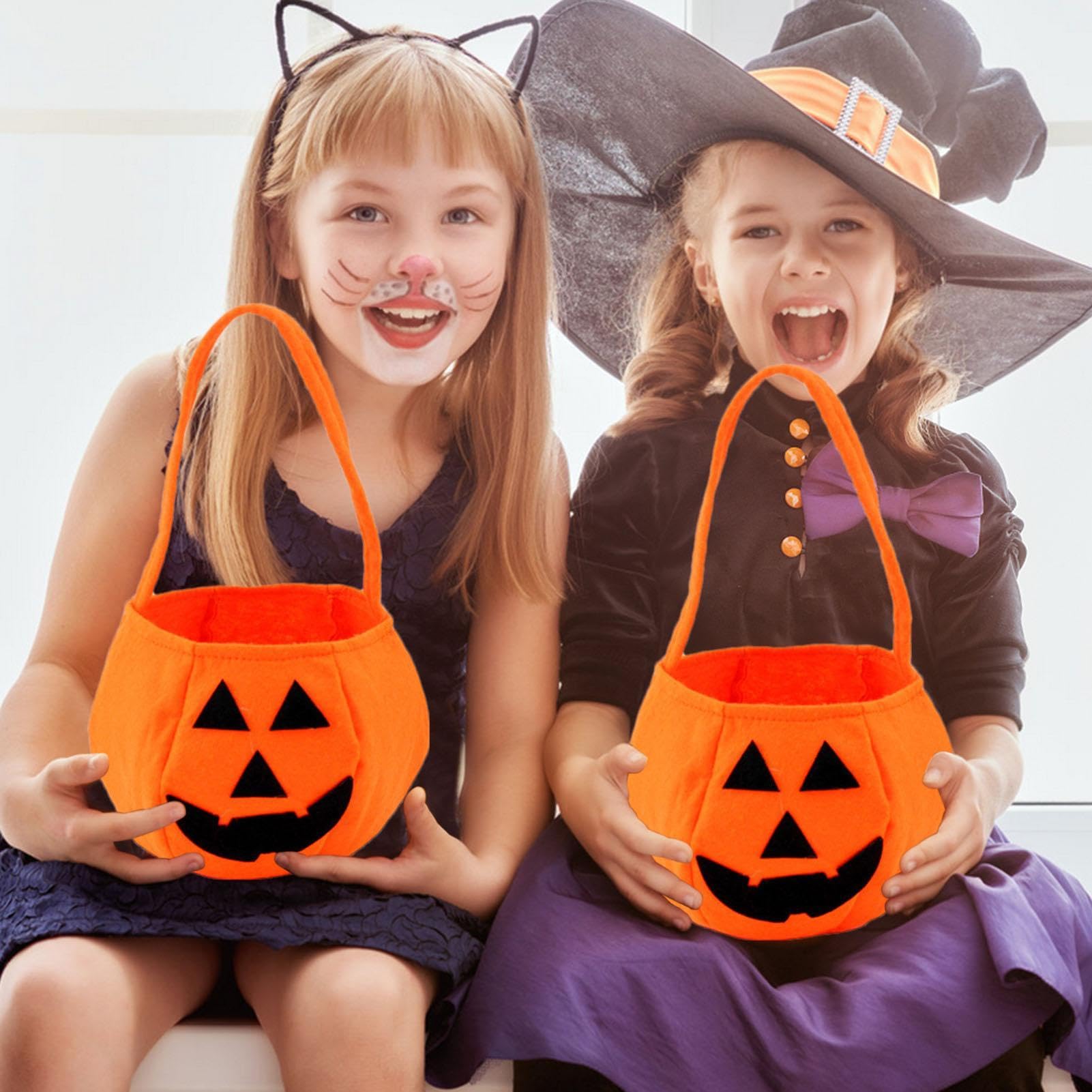 Sacchetti per caramelle di Halloween, secchiello per caramelle o dolcetti, 4 x borse tote di Halloween riutilizzabili - Porta caramelle per vacanze scheletro di zucca con manico, secchio festivo di
