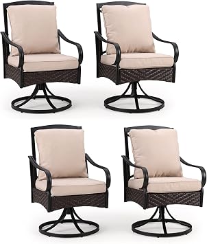 MFSTUDIO 4-Piece Swivel Patio Chairs, Brown Wicker, Beige Cushions