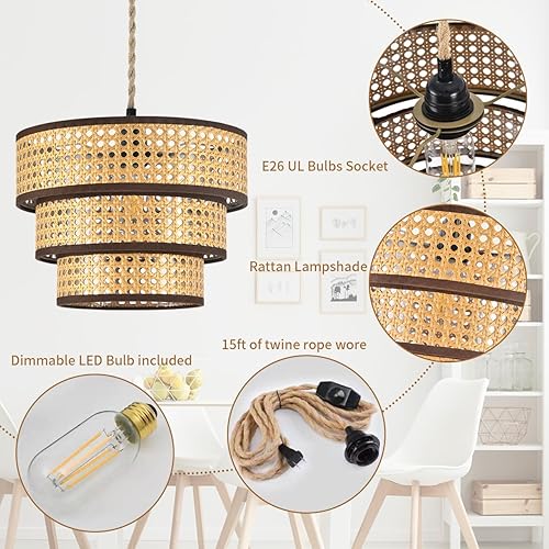 Miniatura 4 de XININSUN Lámpara colgante de 3 niveles enchufable con cable de enchufe de 15 pies, lámpara colgante regulable de mimbre de ratán, pantalla de tambor