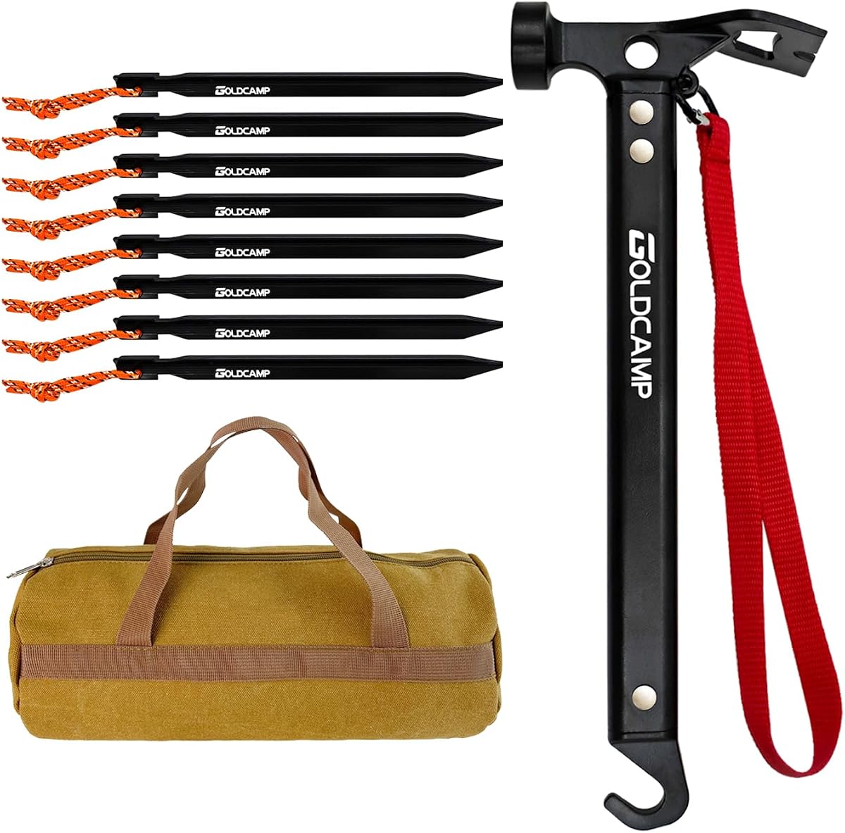 Tent Stakes with Hammer Kit, Heavy Duty Camping Stakes Set with Canvas Storage Bag, 8 Pack 7075 Aluminum Tent Pegs with Stake Remover Hook for Tents Tarps Canopies Hiking Camping