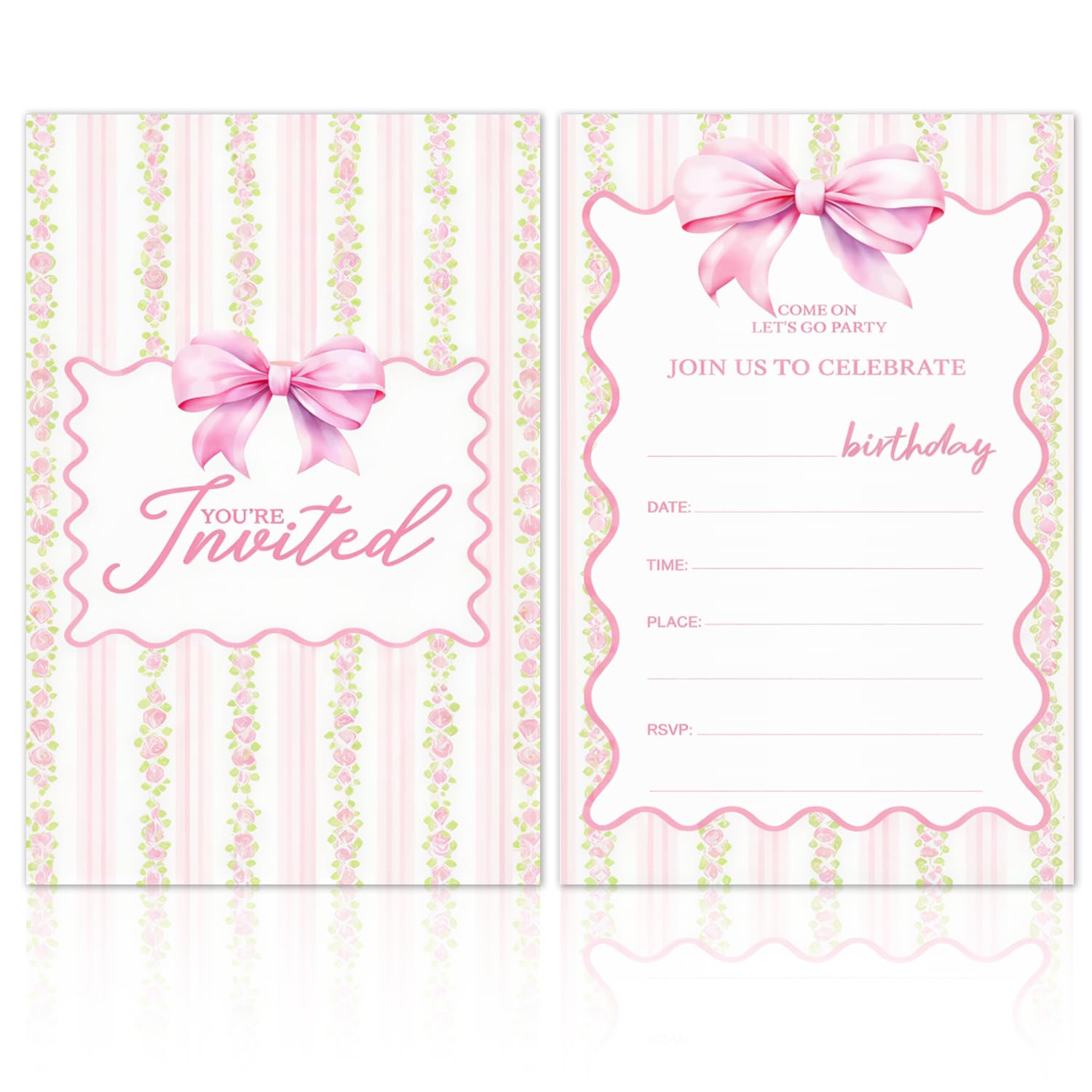 25 Pcs Party Invitations Kids, Party Invites For Girls, Double Sided Design Invitation Cards, Pink Invitations Card For Any Occasion, 15x10 Cm, Birthday Party Invitation Rectangular Cards (Bow)