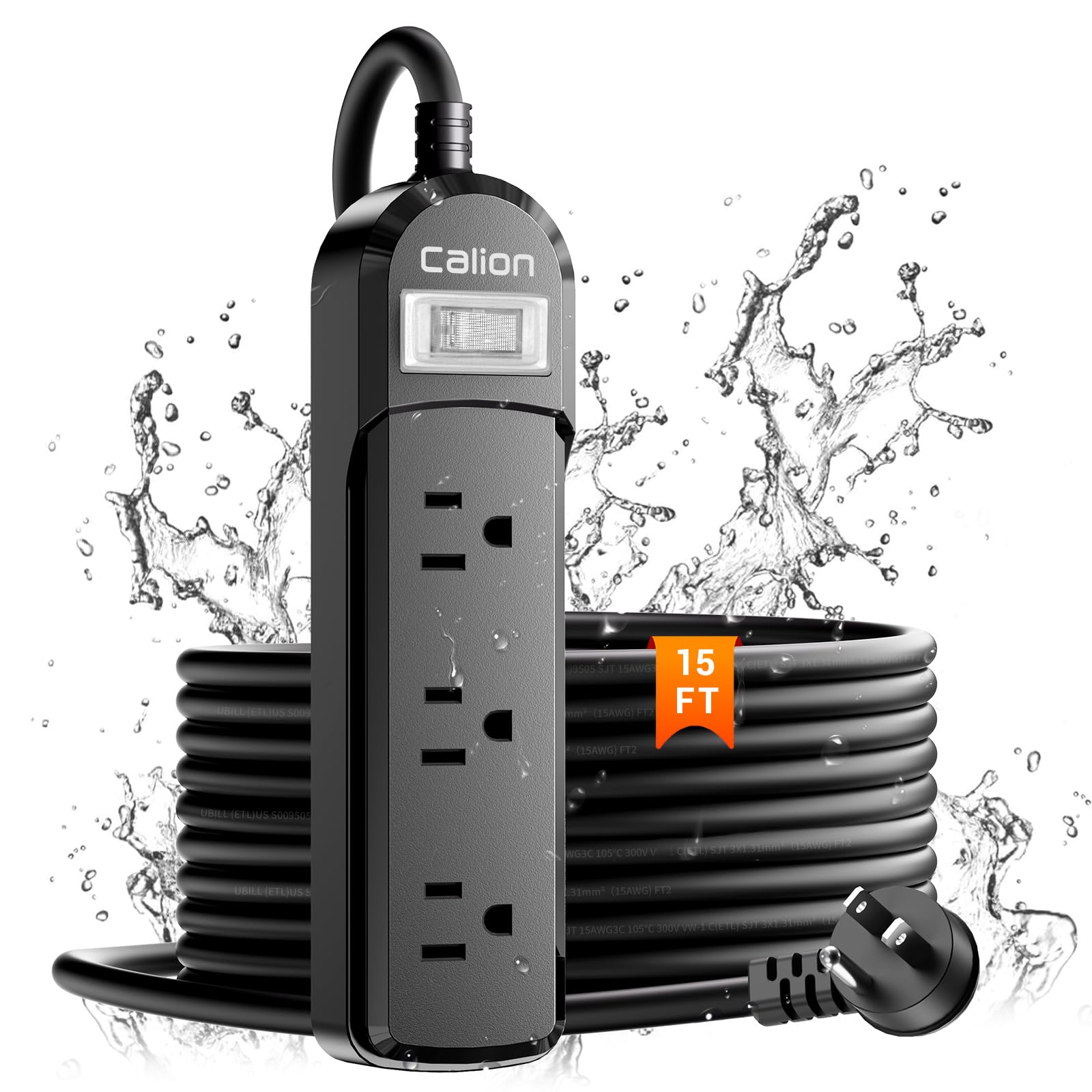 Calionltd IPX6 Outdoor Power Strip Weatherproof,15 FT SJT16Awg Extension Cord 3 Wide Outlets 1875W Overload Protection, Waterproof Surge Protector for