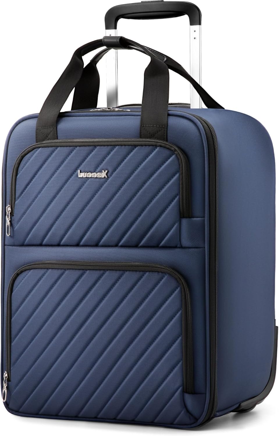 LUGGEX Underseat Carry On Luggage with Wheels, UDK-Plus Large-Capacity Lightweight Soft Sided Personal Item Suitcase for Short Trips (UX-Plus, Blue Black, 16 Inch)