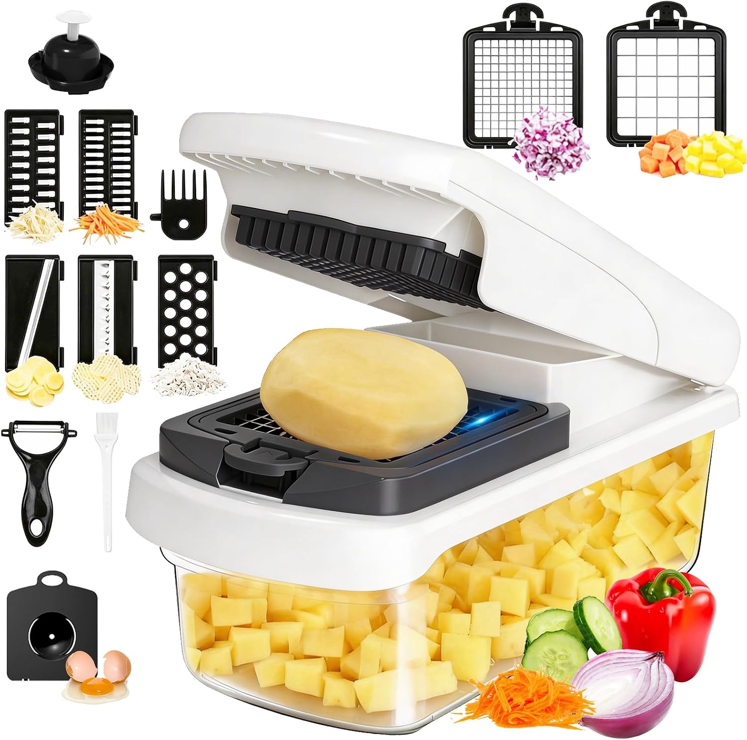 15 in 1 Manual Vegetable Chopper with Container, Veggie Slicer Dicer Set with 10 Sharp Blades, Heavy Duty Food Chopper, Onion & Potato Cutter, No-Slip Base, Easy Clean Kitchen Gadget- White