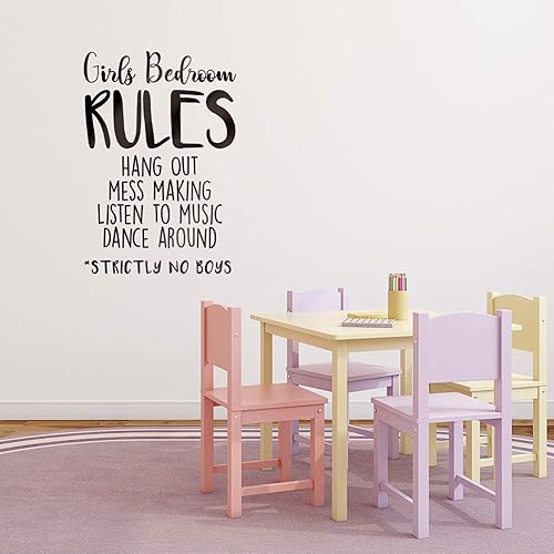 Calcomanía de vinilo para pared, reglas de dormitorio de niñas, 33 x 22.5 pulgadas, divertida y feliz bebé, niña, adolescente, lindo hogar,