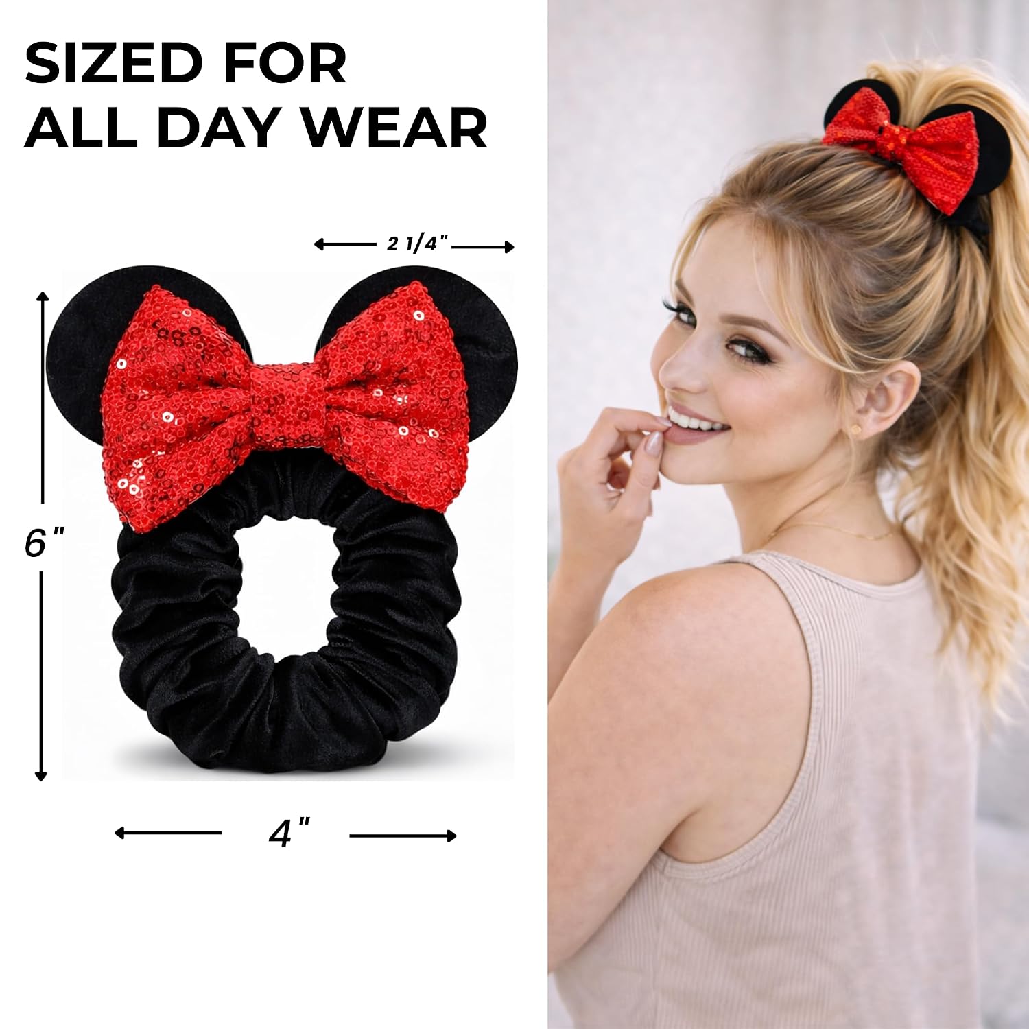 2 Pack Mouse Ear Scrunchies – Velvet Bow Hair Scrunchies with Sequin Ears – Cute Ponytail Holder Hair Accessories for Women by Styla Hair (Red Black)