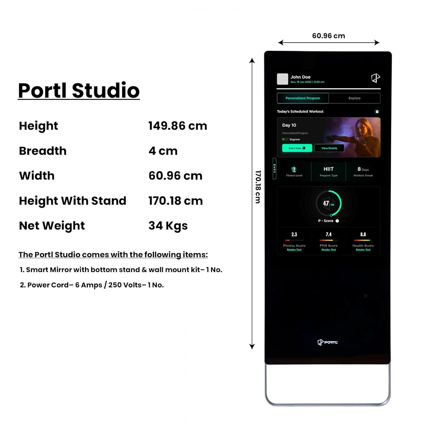 The Portl Studio | AI-Powered Smart Fitness Mirror | Personalised Workouts | Real-time Form Feedback | 250+ Workouts | 43 inch Touch Screen Display | All-in-one Gym | Companion App | 12-Month Warranty - 9