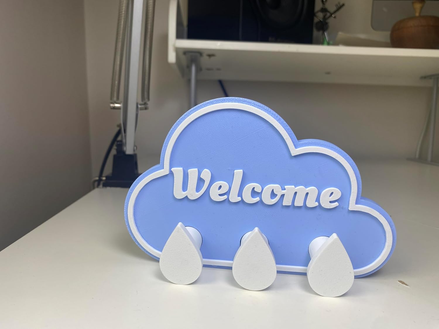 Mini Cloud Wall Rack with Double-Sided Tape – Blue Welcome Key Holder for Entryway – 3D Printed Compact Raindrop Pegs Coat Hanger for Kids Bedroom & Nursery Organizer (Damage-Free Installation)