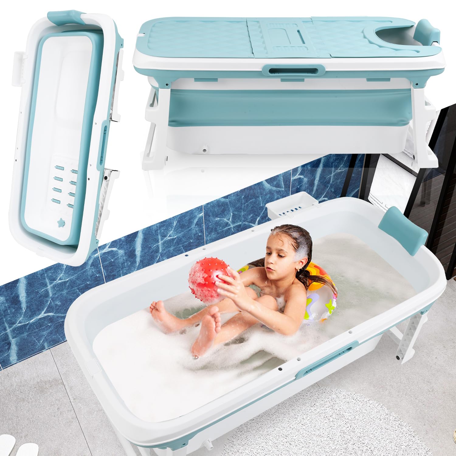 Faltbare Badewanne für Erwachsene - Praktisch mobile Badewann mit abnehmbarem Deckel sowie Seifenablage und Nackenstütze ausgestattet, Größe L, 118 * 60 * 50cm, Blau