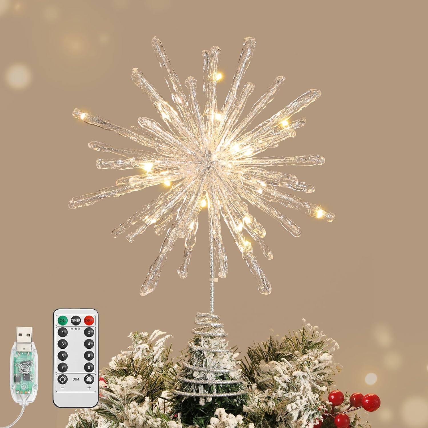 Lewondr Christmas Tree Topper, 12.2'' Glittered Epoxy Firework Xmas Tree Topper with 30 LED Bulbs, 6 Hrs Timer and 8 Modes USB Remote Control, Christmas Treetop Decor for Home Holiday, Silver