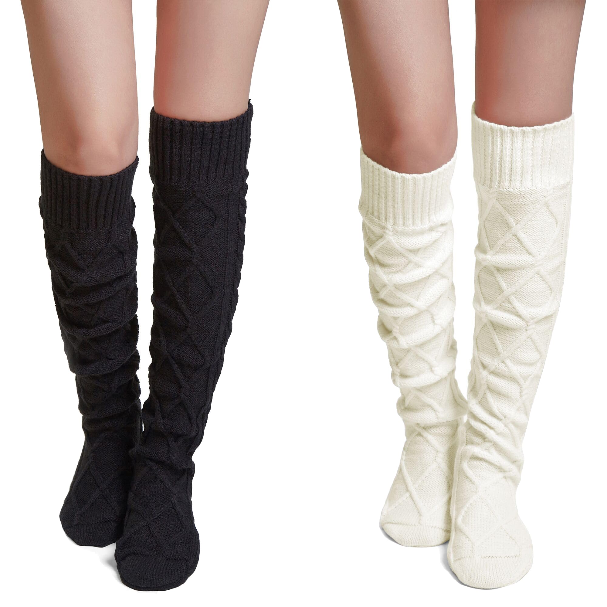 Pcavin Thigh High Socks for Women Cable Knit Over the Knee Boot Socks, Long Warm Leg Warmers Winter(Whit&amp;Black)