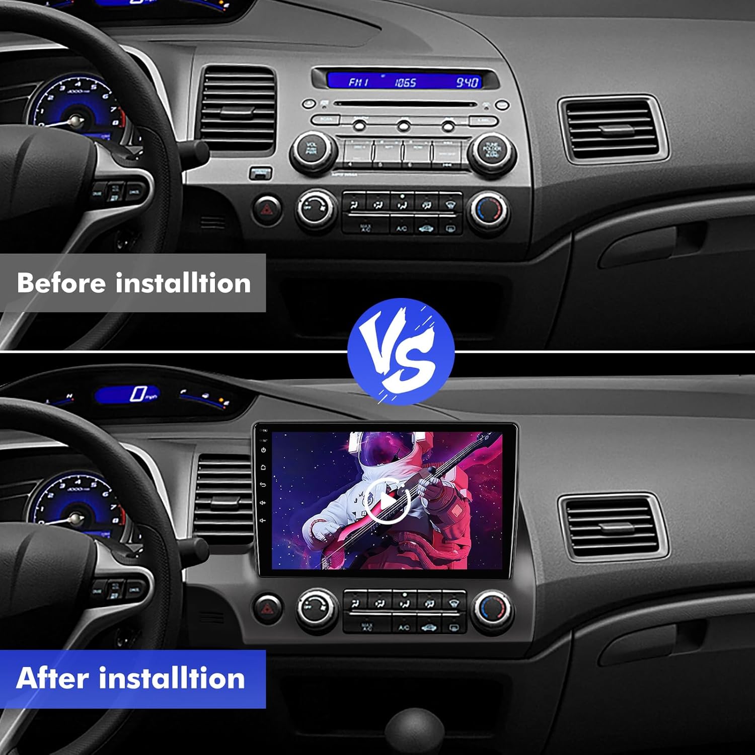 Comparison of a Honda Civic dashboard before and after installing the ISUDAR car stereo. The 'Before' image shows the original factory radio, while the 'After' image displays the new 10.1-inch touchscreen unit seamlessly integrated into the dashboard.
