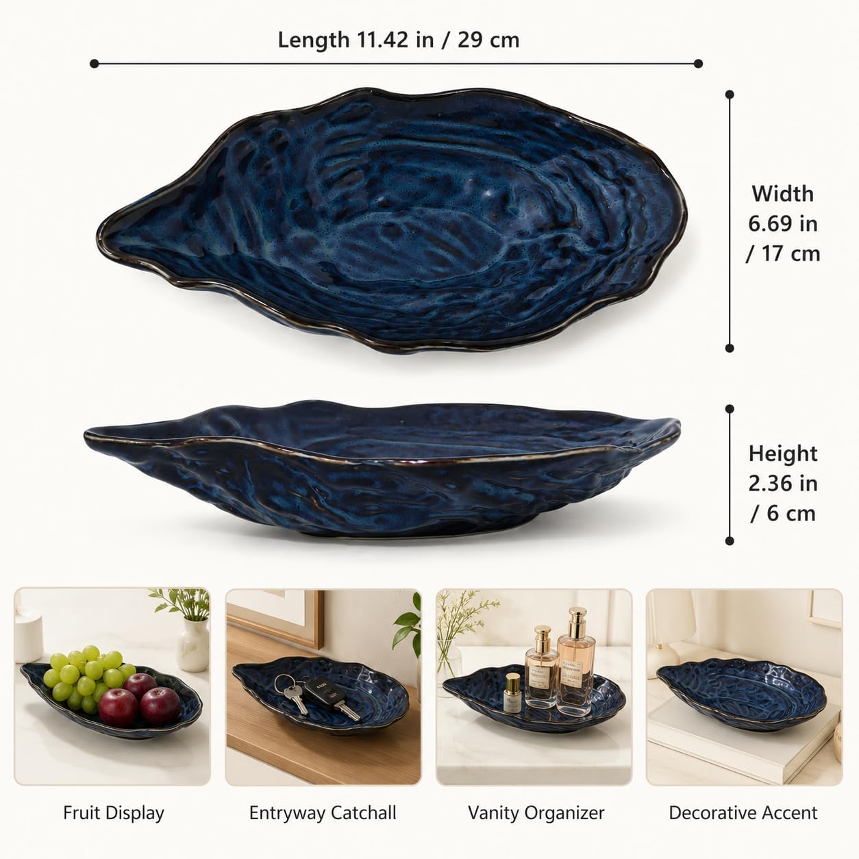 Blue Ceramic Clam Shell Bowl,11.42"Large Decorative Bowl with Reactive Glaze,Coastal Serving Bowl for Fruit, Snacks,Keys,Jewelry,Coffee Table,Entryway,Kitchen Counter and Dining Table Decor (11.42in)