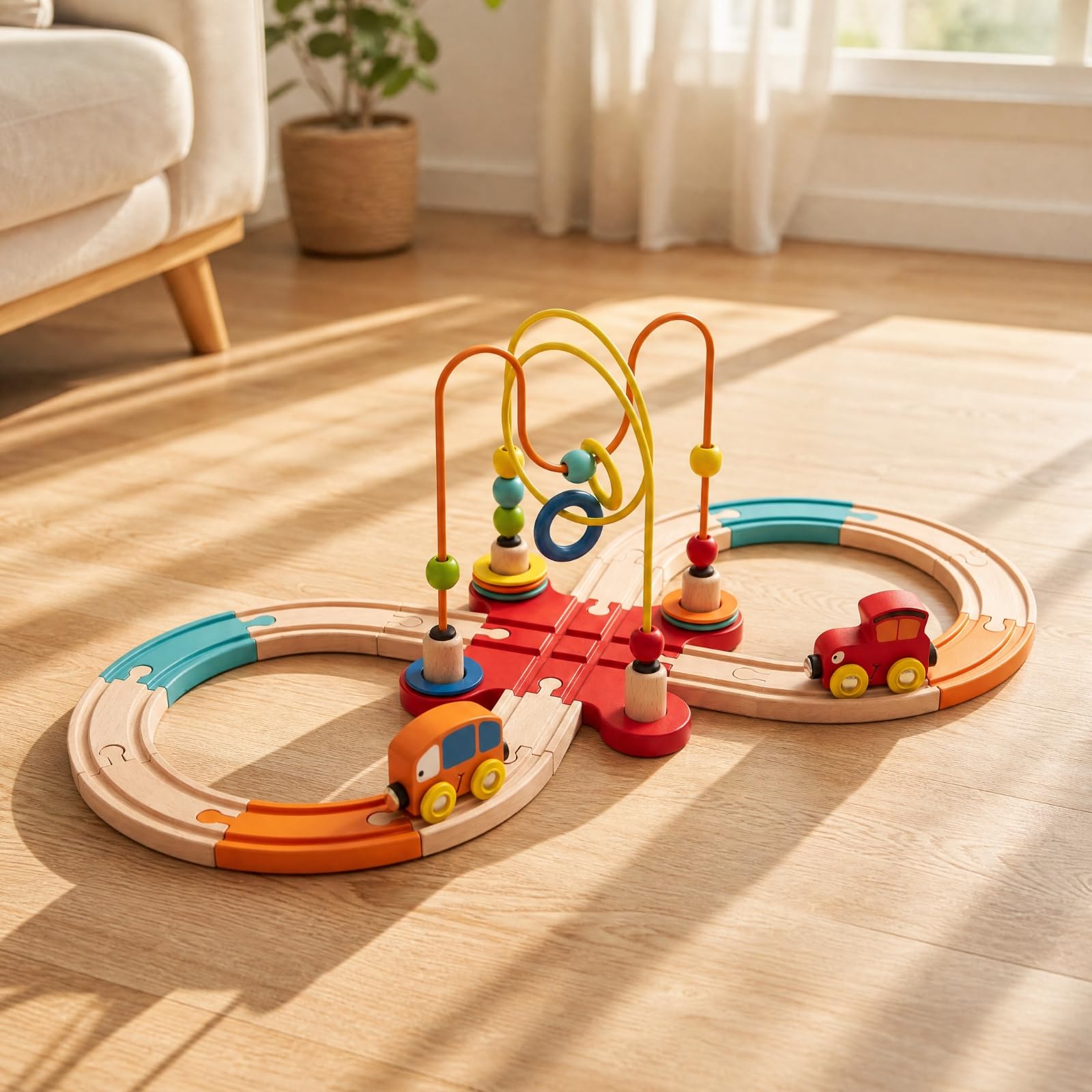 Qianly Ferrovia in Legno di Faggio con Binari Componibili Sicuro Pista Ferroviaria Modulare in Legno Espandibile Giocattolo Ferroviario Non Elettrico