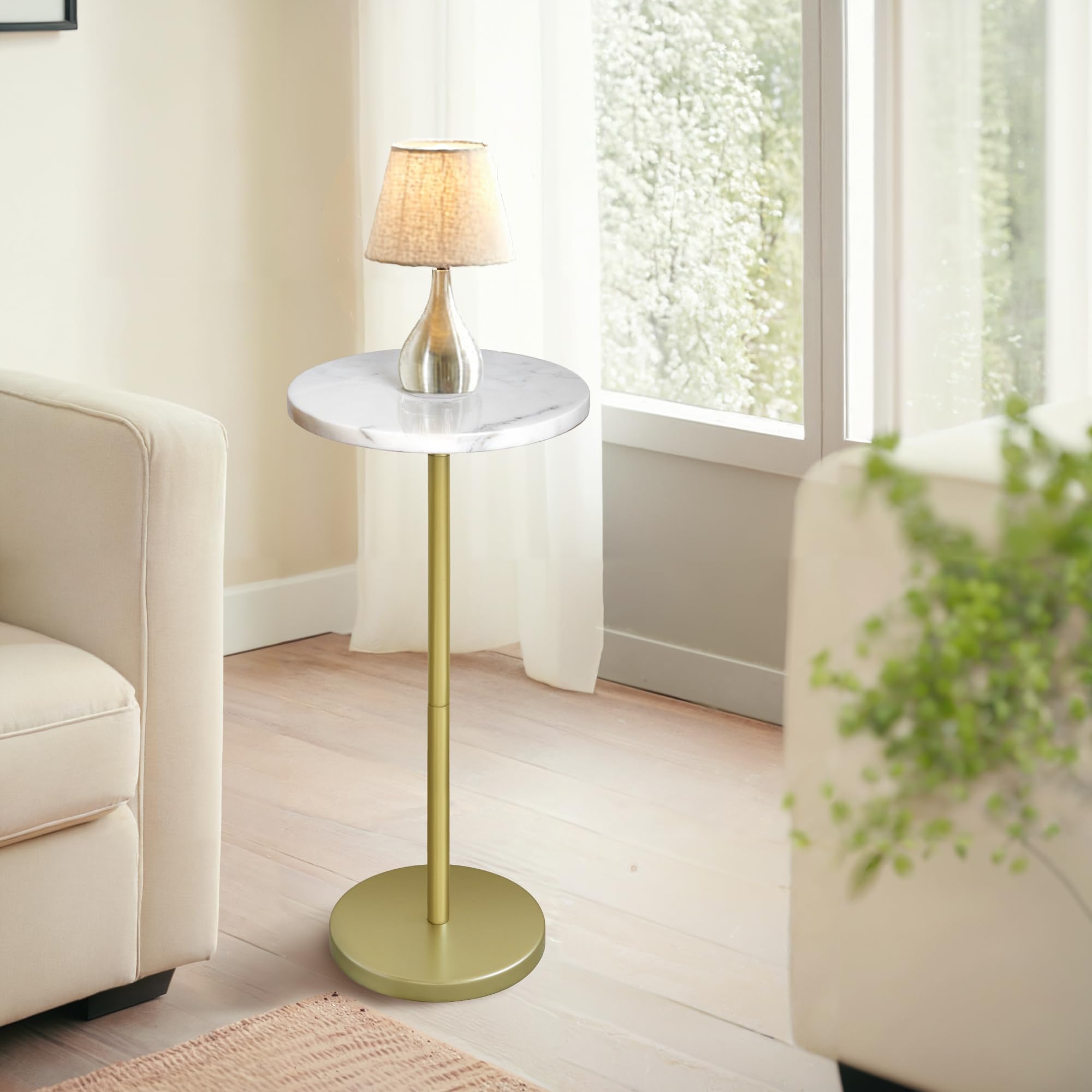 Mesa de bebida de mármol natural, mesa de pedestal, mesa auxiliar redonda pequeña, mesa de Martini para sala de estar, baño, espacio pequeño (blanco) 2