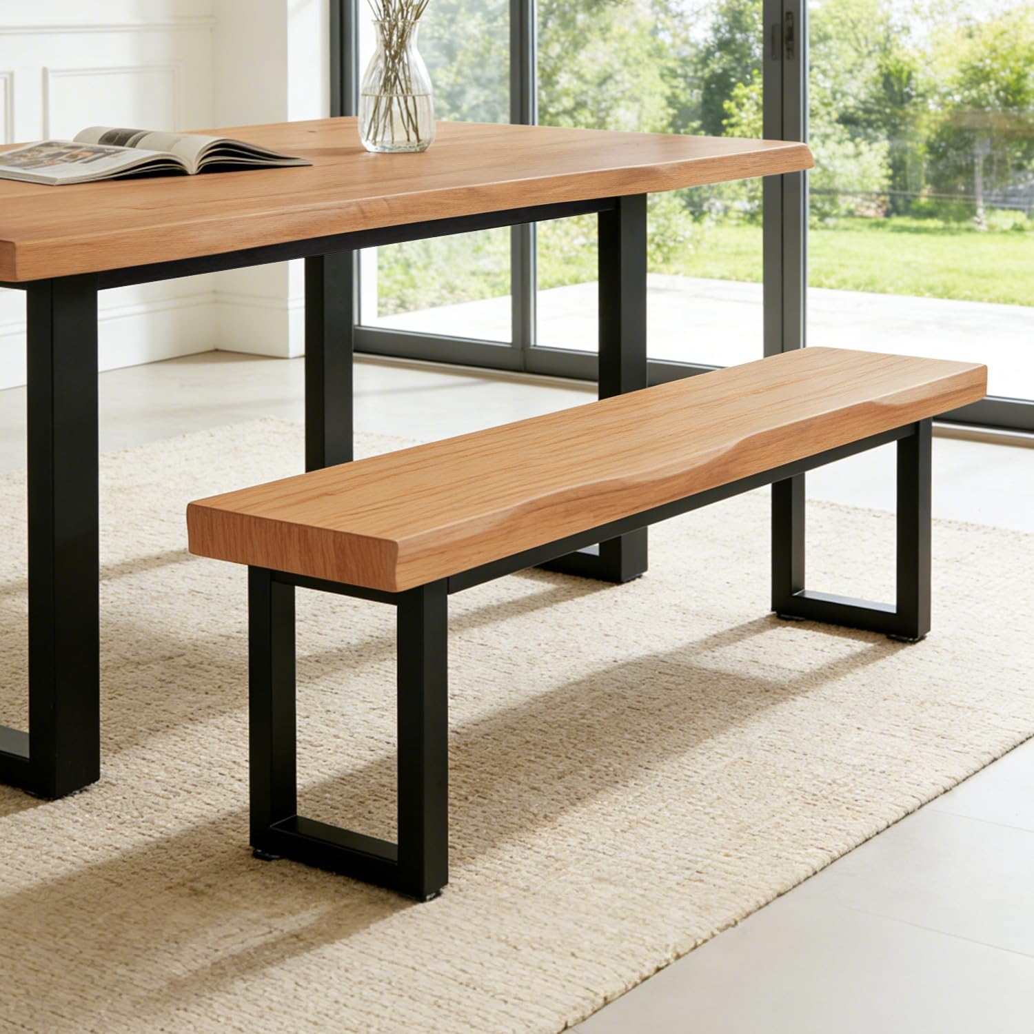 Solid Wood Dining Bench with Metal Legs, Live Edge Style Wooden Bench for Dining Table, Entryway, Bedroom or Hallway, Modern Rustic Furniture
