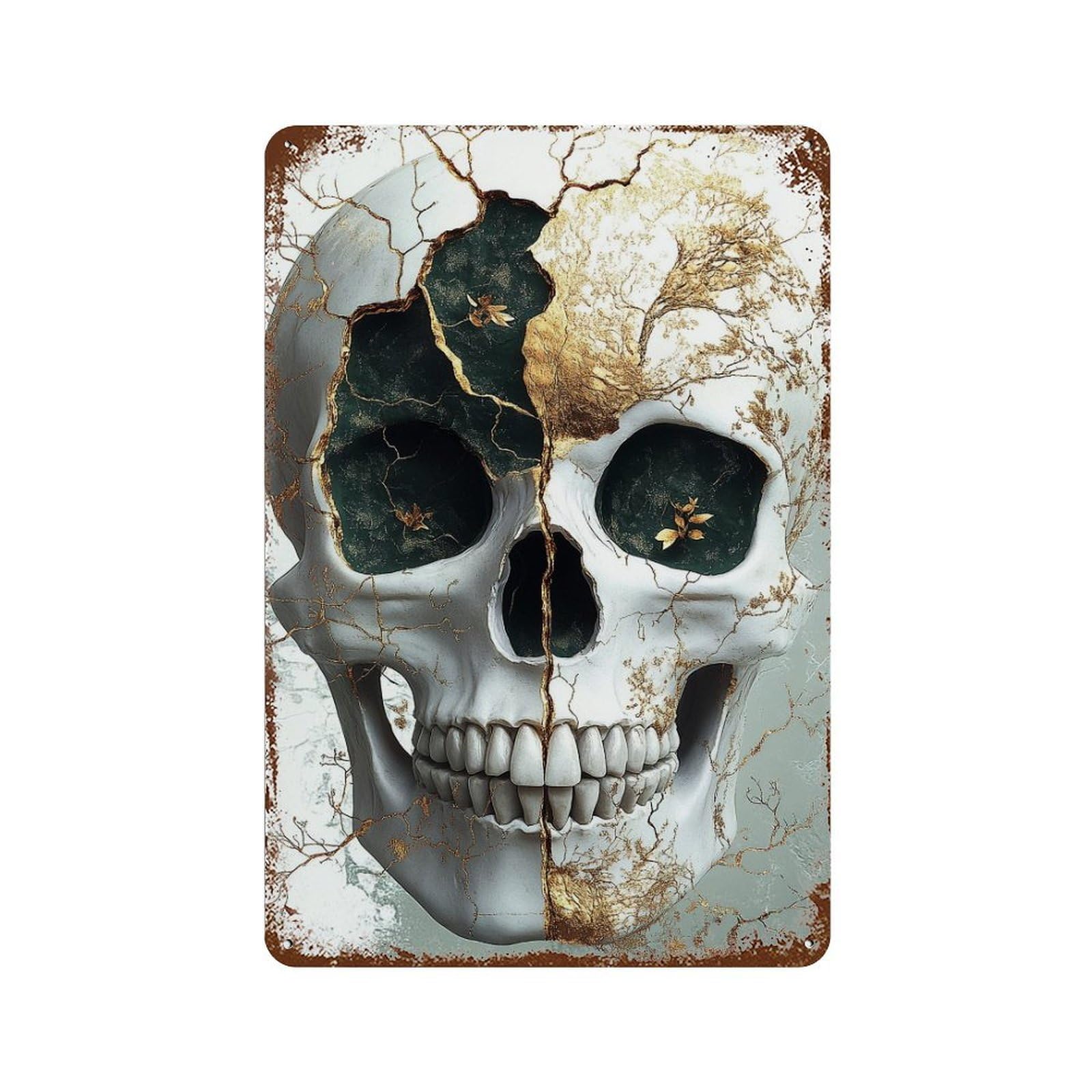 Garage Style Golden Kintsugi Skull Art Rustic Tin Plaque 11.8"x7.9", Vintage Wall Decor for Bar And Workshop
