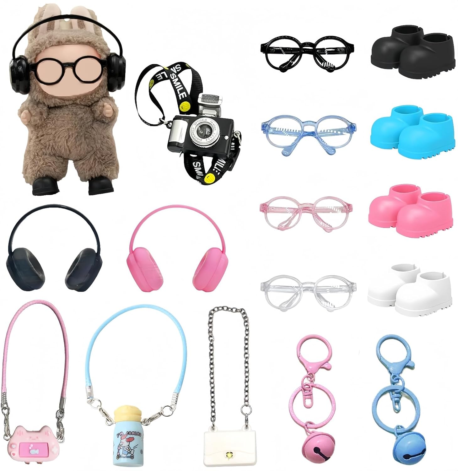 16 Pcs Doll Accessories Set Specially Designed for 15-17cm Doll Clothing, Includes 2 Headphones, 4 Glasses, Camera, Bag, Water Bottle, Console, 2 Bells, 4 Shoes with Multi-Color Display Options