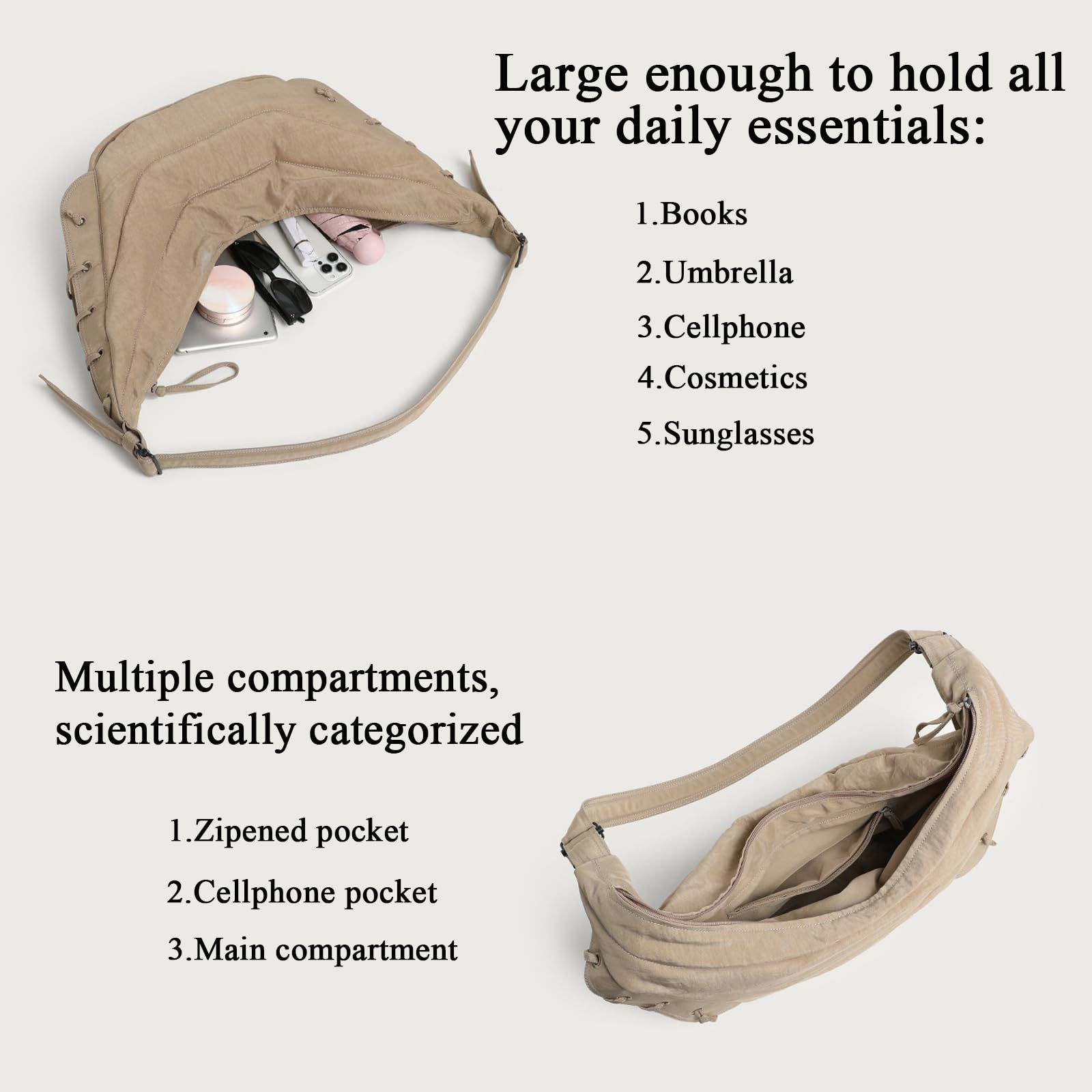 Mezzaluna Borsa Da Donna,Mezza Luna Nylon Dumpling Sling Crossbody Con Tracolla Regolabile Con Tasche Multiple Per Viaggi,Borsa A Tracolla Laterale Hobo