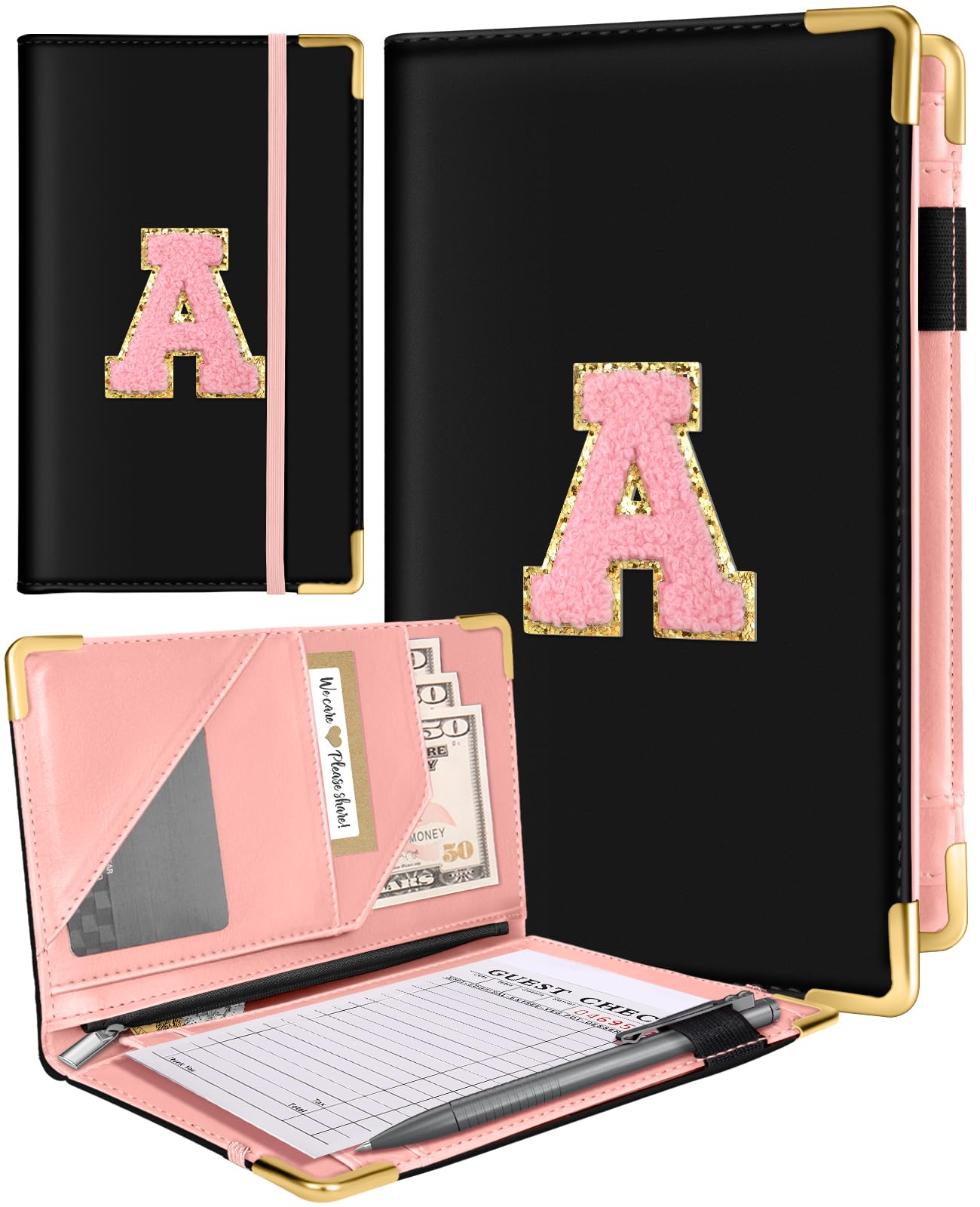 Slohif Server Book for Waitress Alphabet Serving Books with Zipper Pocket Accessories Leather Server Check Book Restaurant Waiter Wallet Server