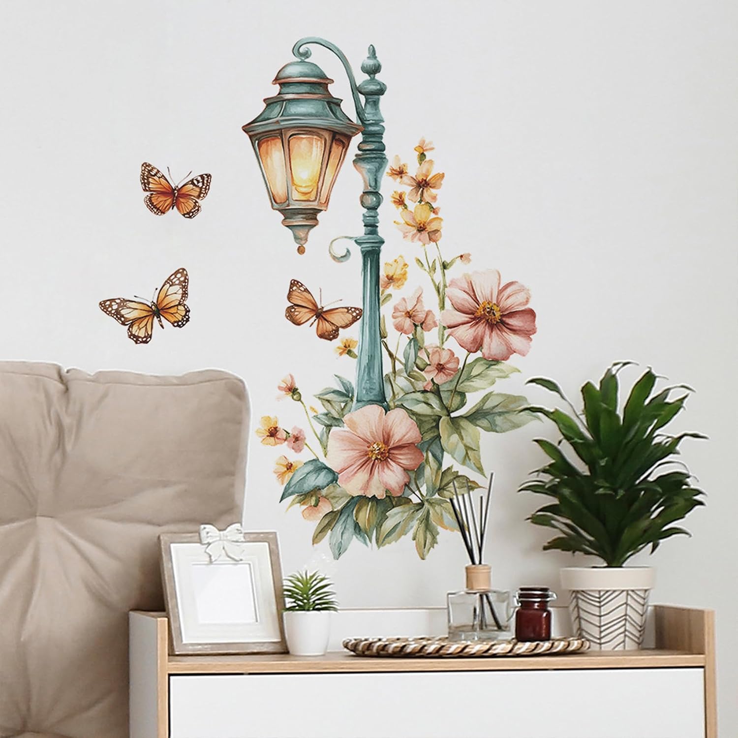 Street Lamp Flower Butterfly Wall Stickers, Streetlight Floral Art Wall Decals Removable Vinyl Peel and Stick Wallpaper for Bedroom Living Room Sofa TV Background Home Decor image 4