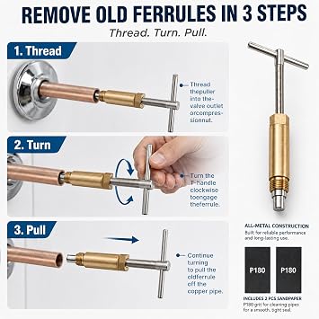 HOLDLY Angle Stop Wrench Kit with 1/2-Inch Compression Sleeve Puller | Slim-Profile Access for Tight Shutoff Valves; Ferrule and Nut Removal for Sink, Toilet and Faucet Supply-Line Repairs