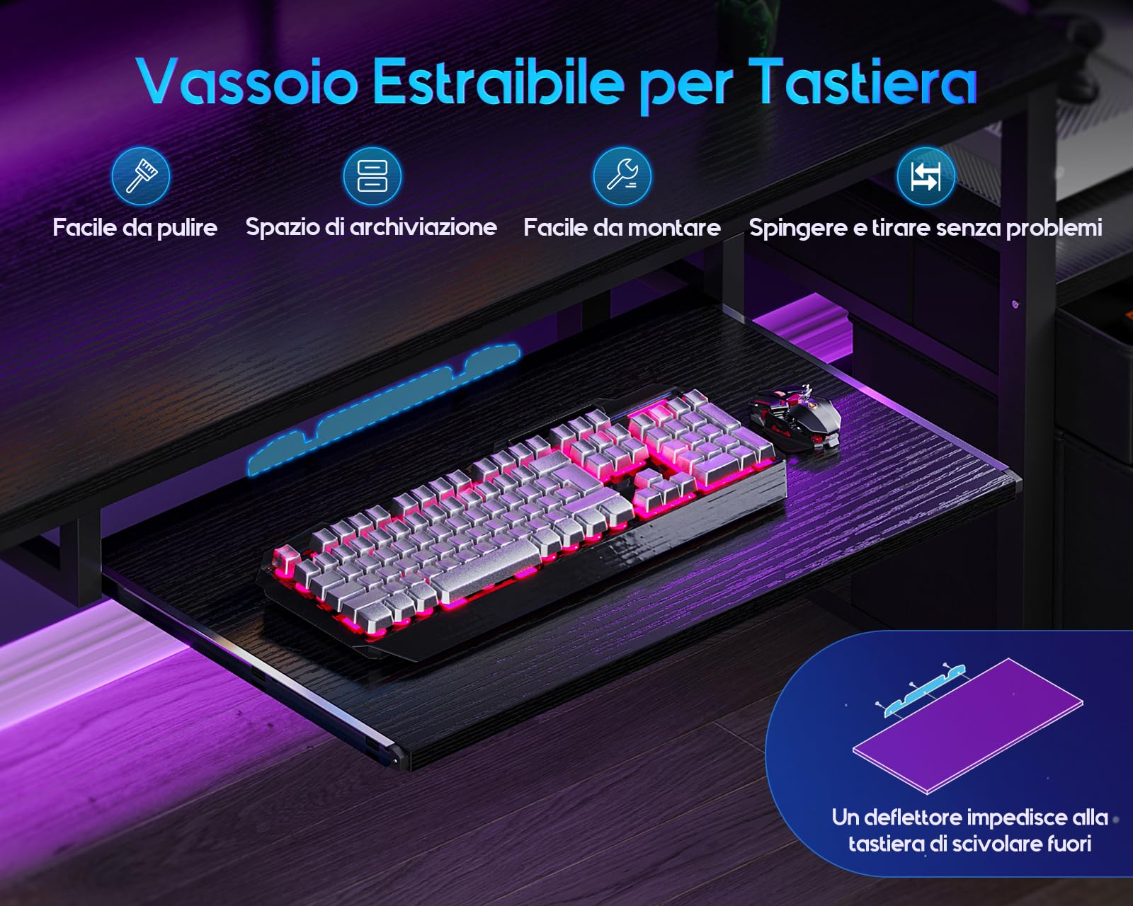 Coleshome Scrivania Gaming con LED e Prese, 140x48cm Scrivania con 2 Cassetti, Tavolo Computer Reversibile con Supporto Monitor e Vassoio per Tastiera Ufficio Casa, Nero