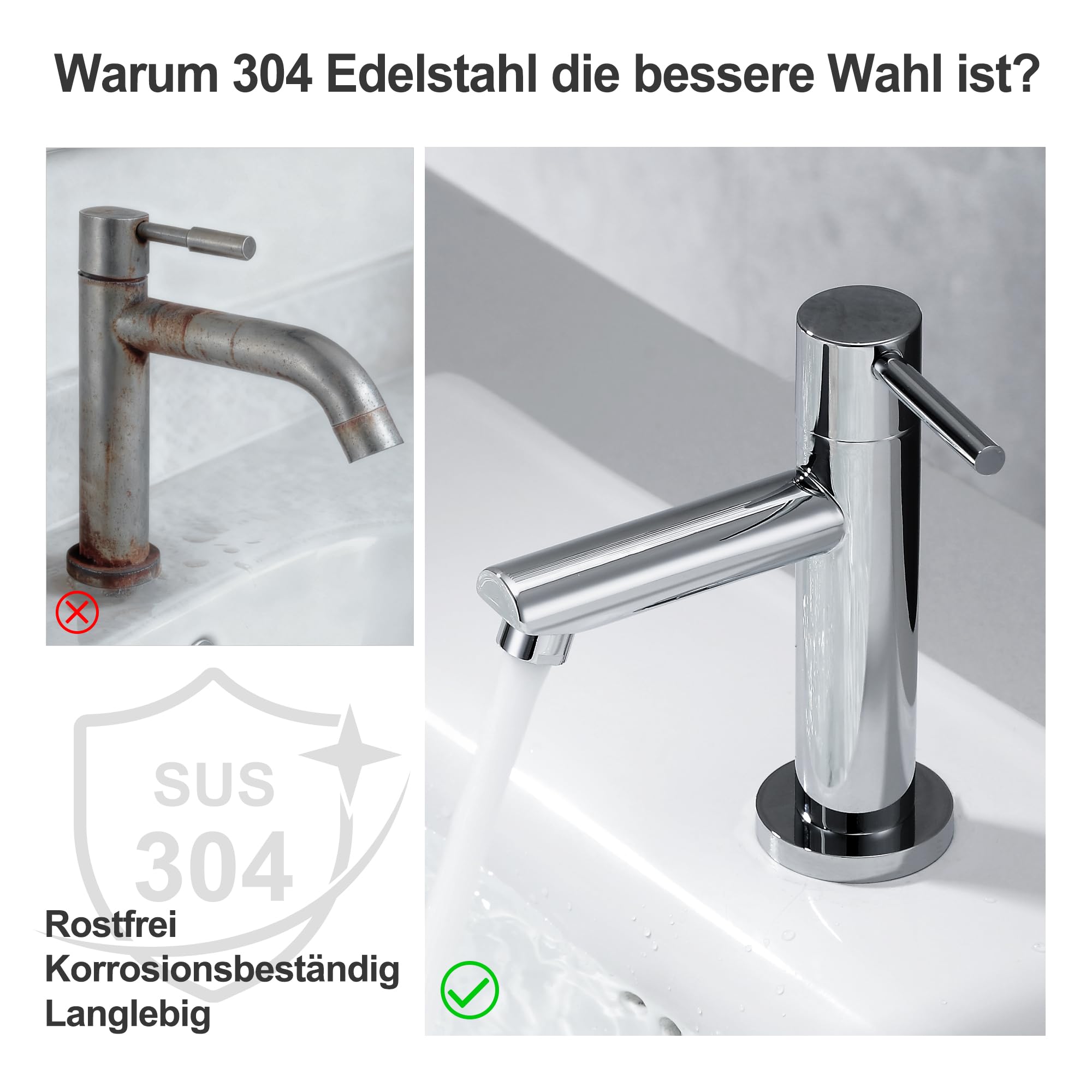 Florenta Kaltwasserhahn Gäste WC für kleine Waschbecken, Kaltwasserarmatur Waschtischarmatur aus Edelstahl mit 50cm Anschluss, Wasserhahn Bad Einhebel für Badezimmer Chrom-Verbesserte Version