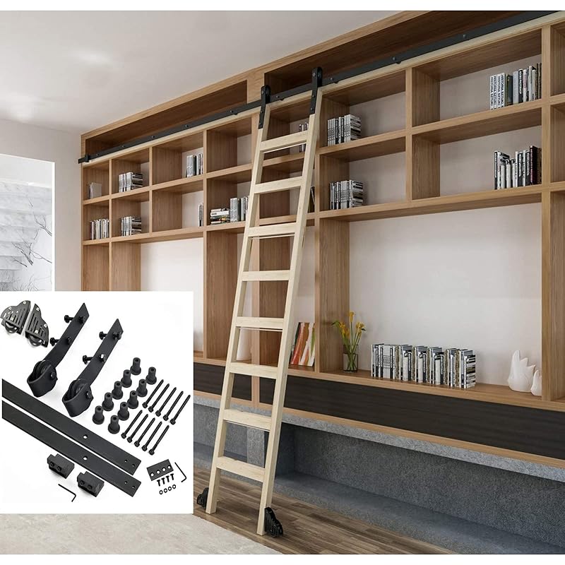 黒の素朴なローリングラダーハードライブラリライブラリのスライディングラダーハードウェアキット（梯子のない）+フロアローラー、ホーム/屋内