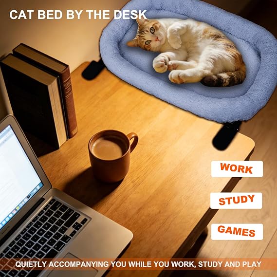 Cat Desk Bed&Cat Hammock for Desk and Bedside,90Rotating&Height Adjustable,40 lbs Capacity,Soft Faux Fur with Reversible Mat,23.62x14.57x2.76 inch Modern Gray Cat Perch for Office&Game Tables (Gray)