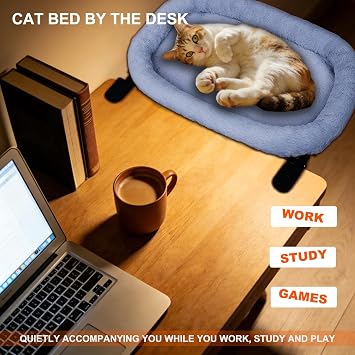 Cat Desk Bed&Cat Hammock for Desk and Bedside,90Rotating&Height Adjustable,40 lbs Capacity,Soft Faux Fur with Reversible Mat,23.62x14.57x2.76 inch Modern Gray Cat Perch for Office&Game Tables (Gray)