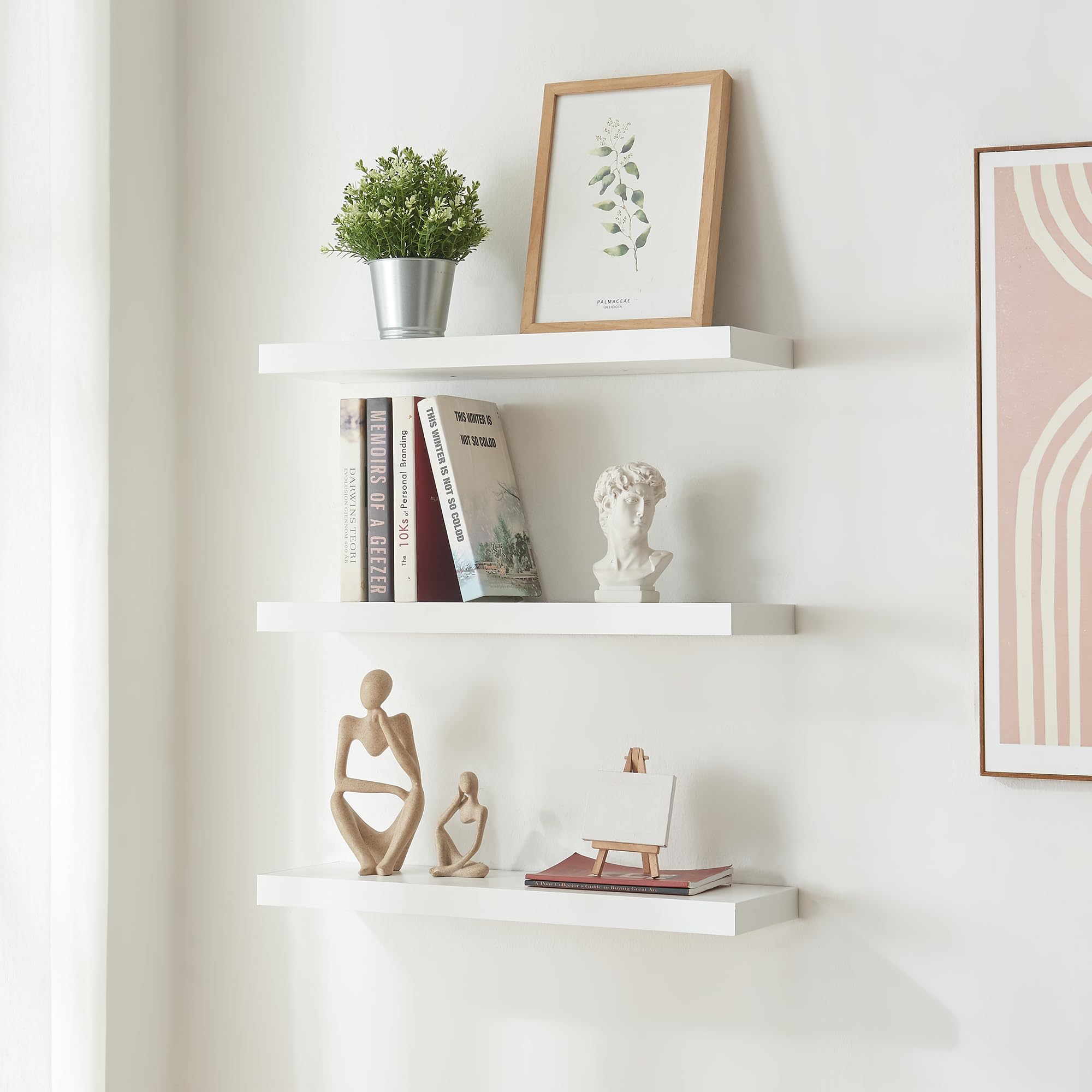 [en.casa] Set di 3 Mensole da Muro 60x20x4 cm Consolle Portaoggetti da Parete Mensole Sospese con Fissaggio Nascosto Ideali per Soggiorno Cucina Bagno - Bianco