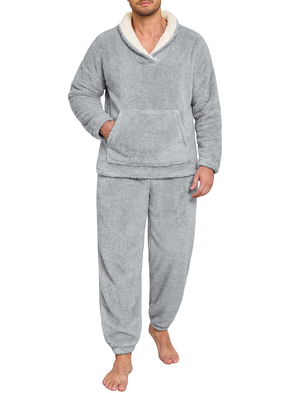 Voqeen Herren Schlafanzug Fleece Winter Flauschiger Pyjama Set 2-teilig Weicher Warm Hausanzug Bequemer Loungewear mit Kängurutasche für Zuhause