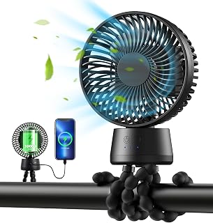 10000mAh Rechargeable Mini Portable Stroller Fan with LED Light Removable Tripod Small Clip On Fan Battery Operated Oscillating Desk Fan as Power Bank 3 Speed for Stroller Bed Travel Camping Golf Cart