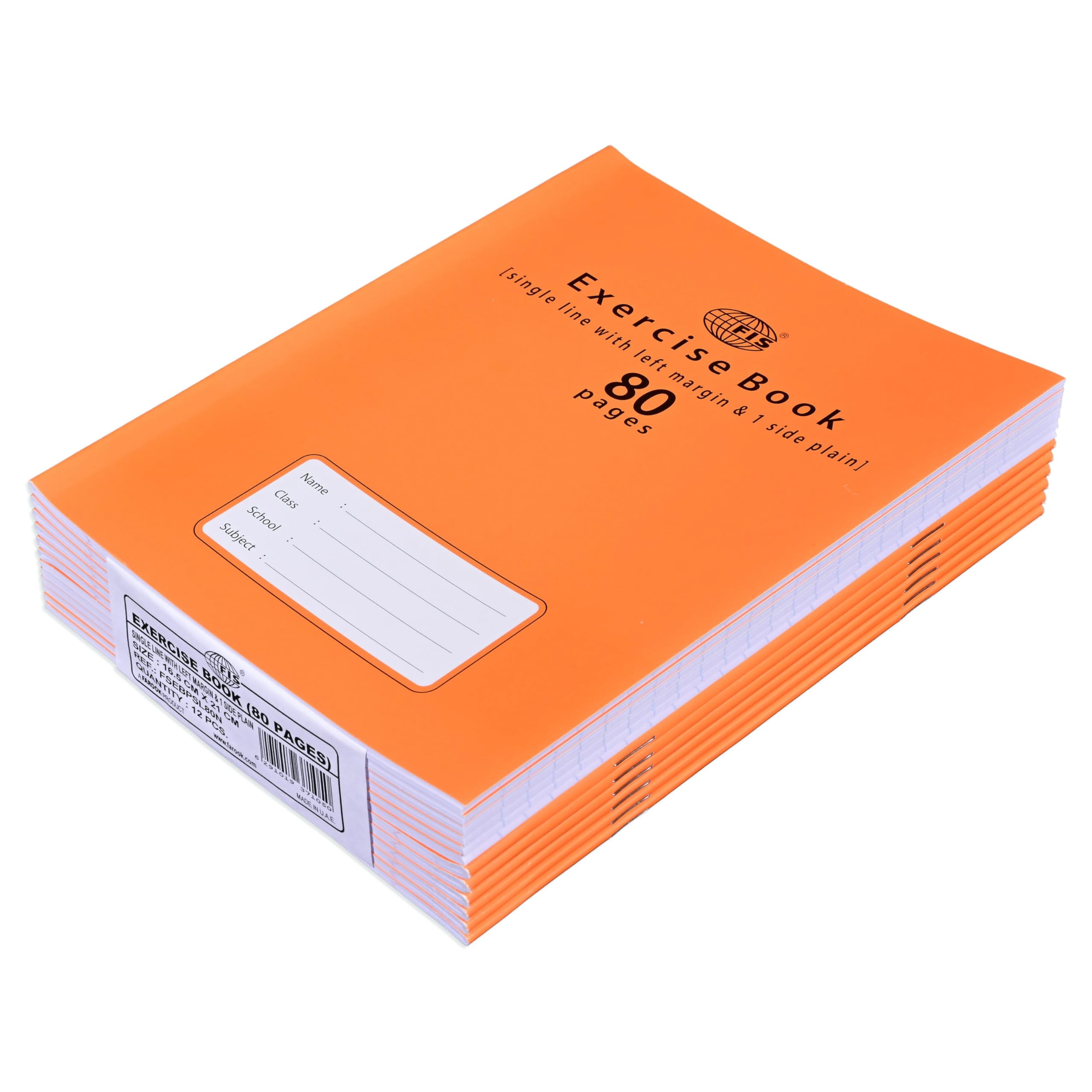FIS® Exercise Book, Size 165x210mm, 40 Sheets, 80 Pages, Single Line with Left Margin & 1 Side Plain, Packet of 12 Pieces, Neon Orange Cover with Mathematical Info-FSEBPSL80N