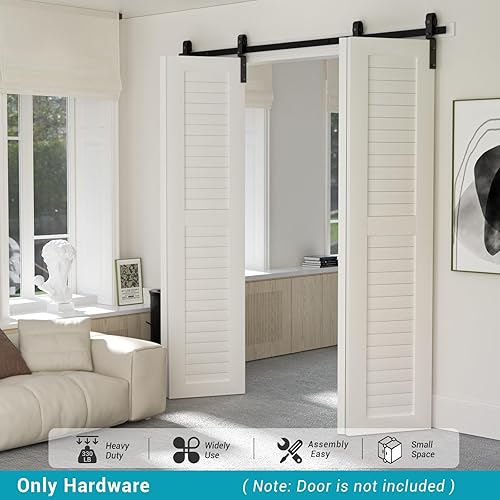 Miniatura 6 de BONIKLUBA Kit de herrajes para puerta corrediza de granero de 52 pulgadas para 4 puertas suave y silenciosa rodillo en forma de J negro puertas no