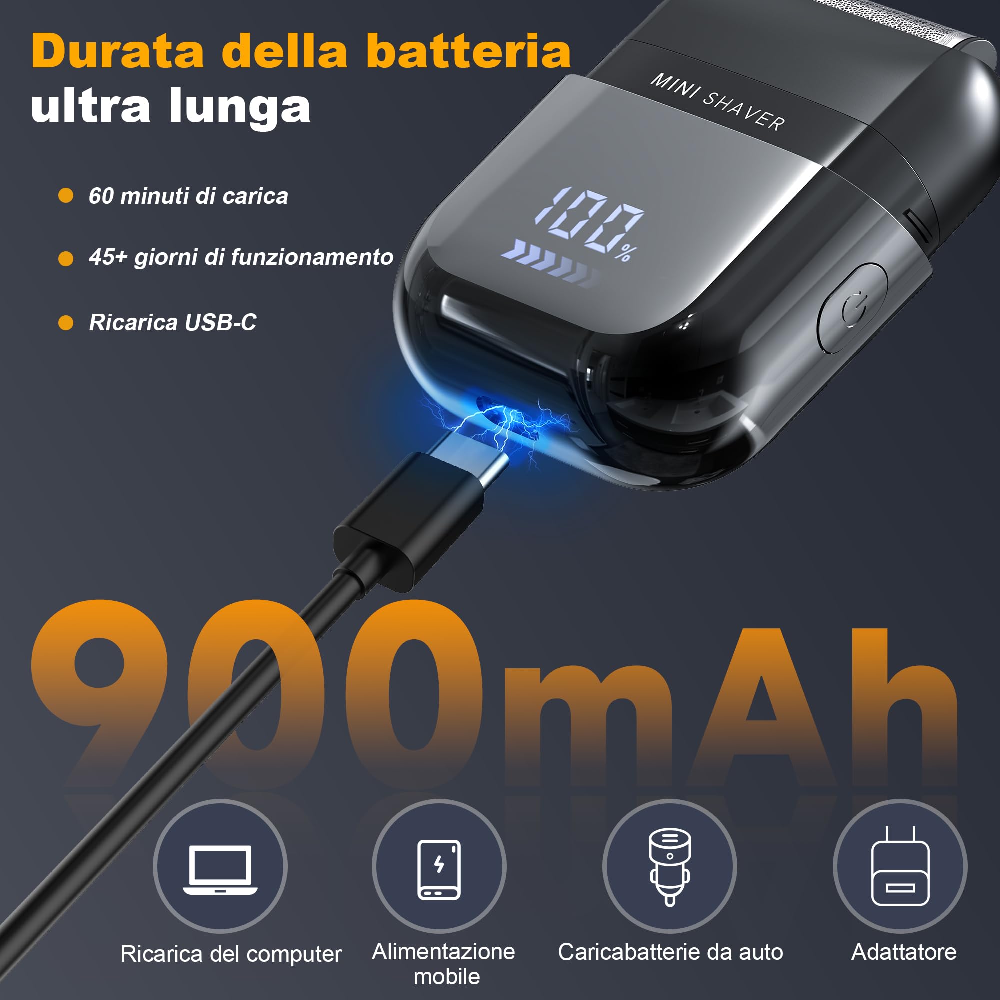 Mini Rasoio Elettrico Barba con Display LED, Rasoio Elettrico Uomo Impermeabile IPX7, Portatile Silenzioso e Lavabile