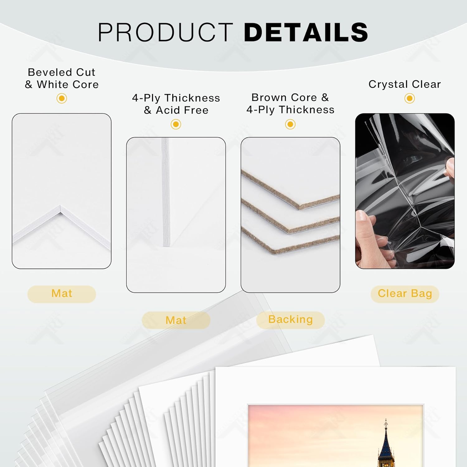 Golden State Art, Pack of 20, Pre-Cut 11x14 White Picture Mat Kit for 8.5x11 Photo, 20 White Core Bevel Cut Mattes, 20 Backing Boards and 20 Clear Bags