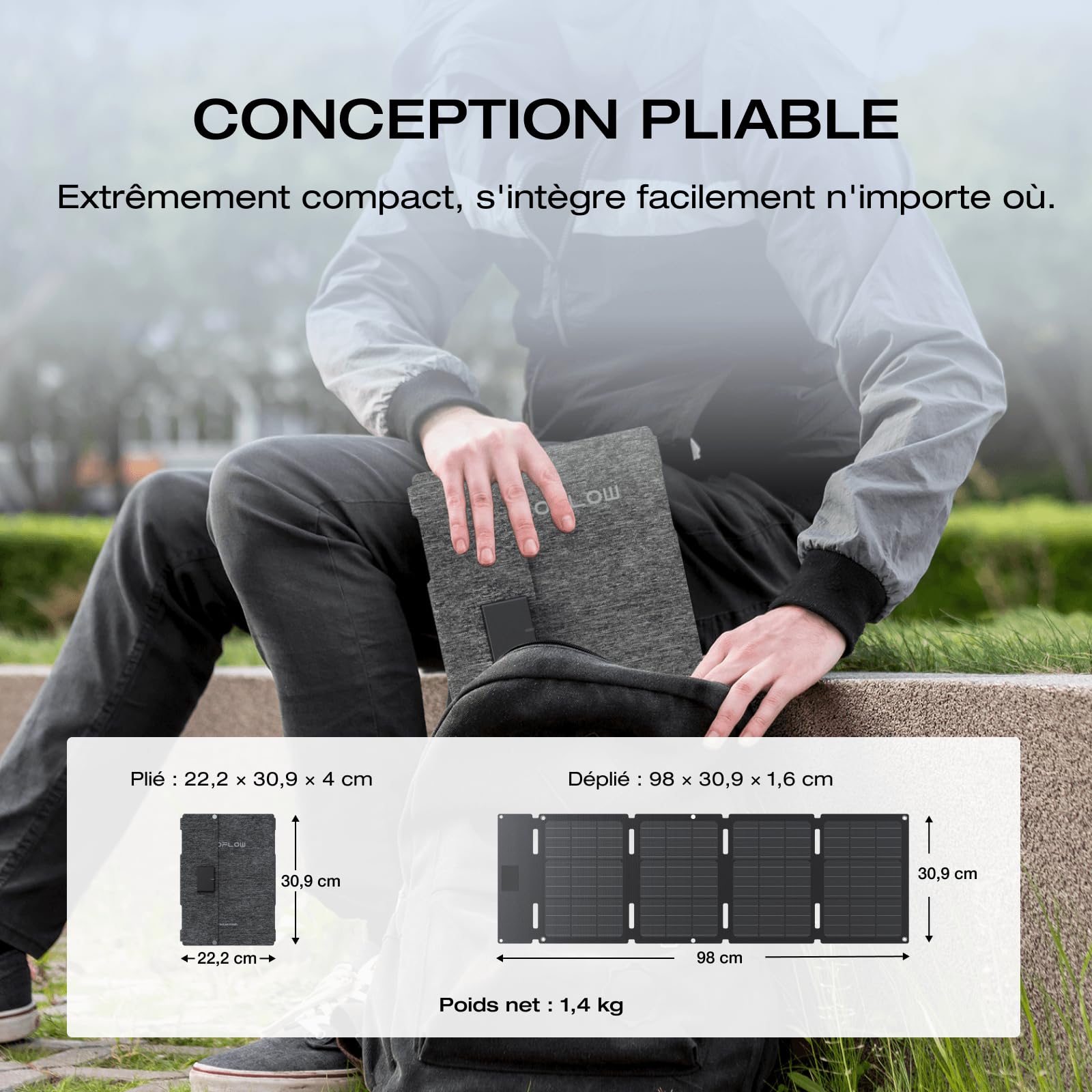 Panneau solaire portable EF EcoFlow 45 W, pliable et compact, 25% de rendement, indice de protection IP65, résistant à l'eau et à la poussière, idéal pour le camping, les SUV et les minifourgonnettes | Pliable et compact, 25% de rendement, indice de prote