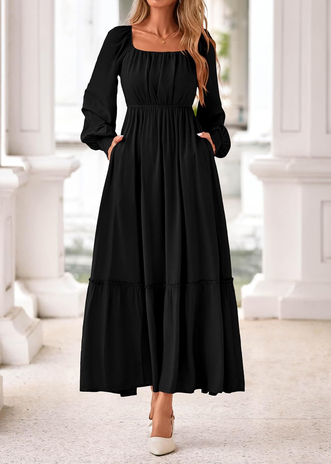 KIRUNDO Casual Fall Dresses for Women 2026 Flowy Long Sleeve Maxi Dress Smocked Empire Waist Square Neck Wedding Party - Image 4