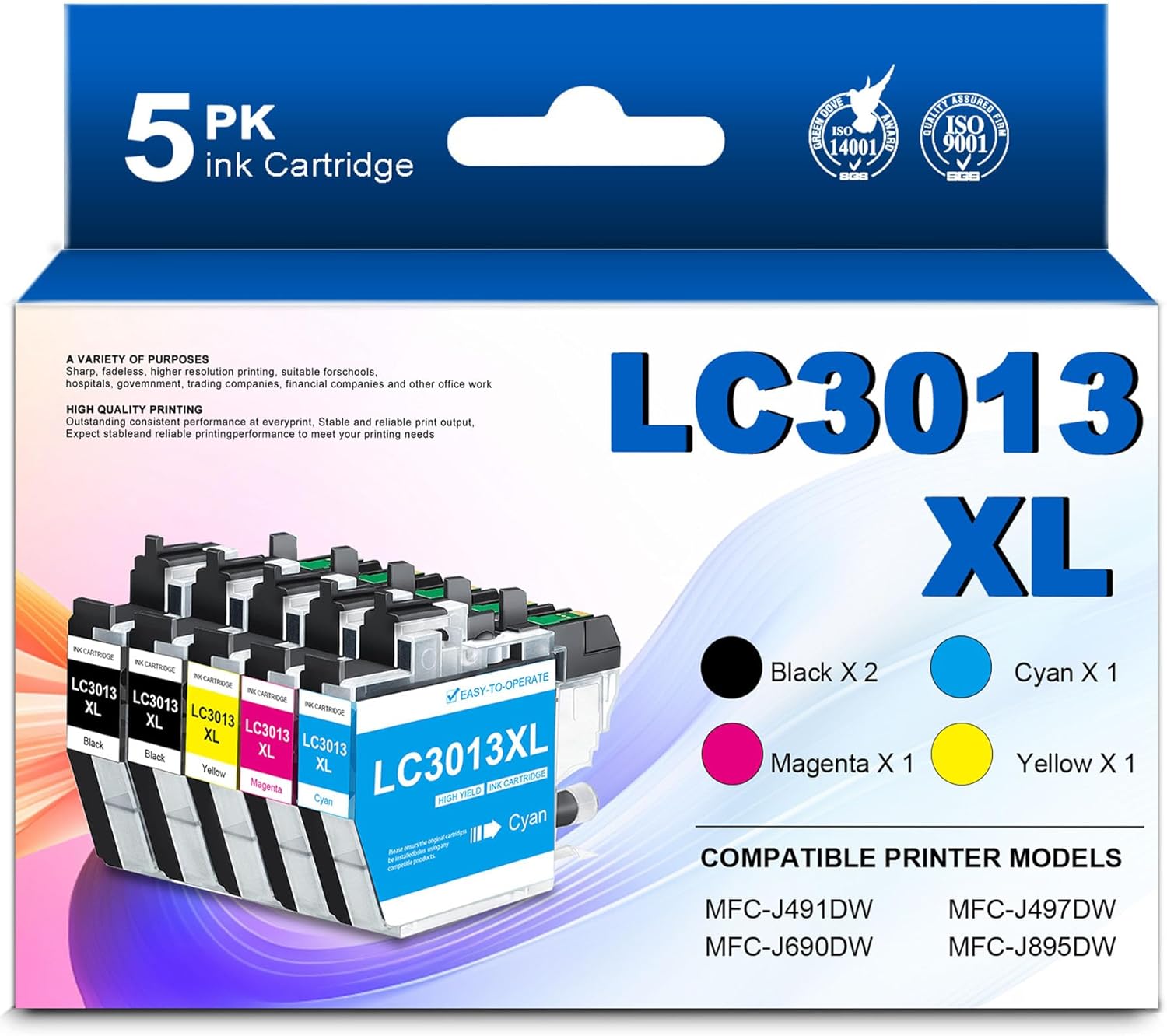 LC30135PKS 5-Pack High Yield Ink Cartridges (2 Black, 1 Cyan, 1 Magenta, 1 Yellow) Replacement for Brother LC3013 LC3011 LC3013XL Ink Work with MFC-J497DW MFC-J491DW MFC-J895DW MFC-J690DW Printers
