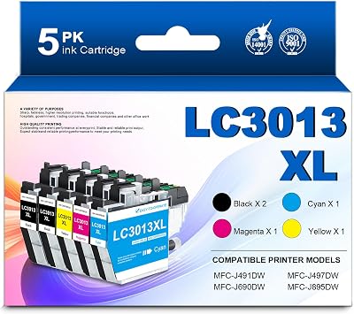 LC30135PKS 5-Pack High Yield Ink Cartridges 2 Black, 1 Cyan, 1 Magenta, 1 Yellow Replacement for Brother LC3013 LC3011 LC3013XL Ink Work with MFC-J497DW MFC-J491DW MFC-J895DW MFC-J690DW Printers