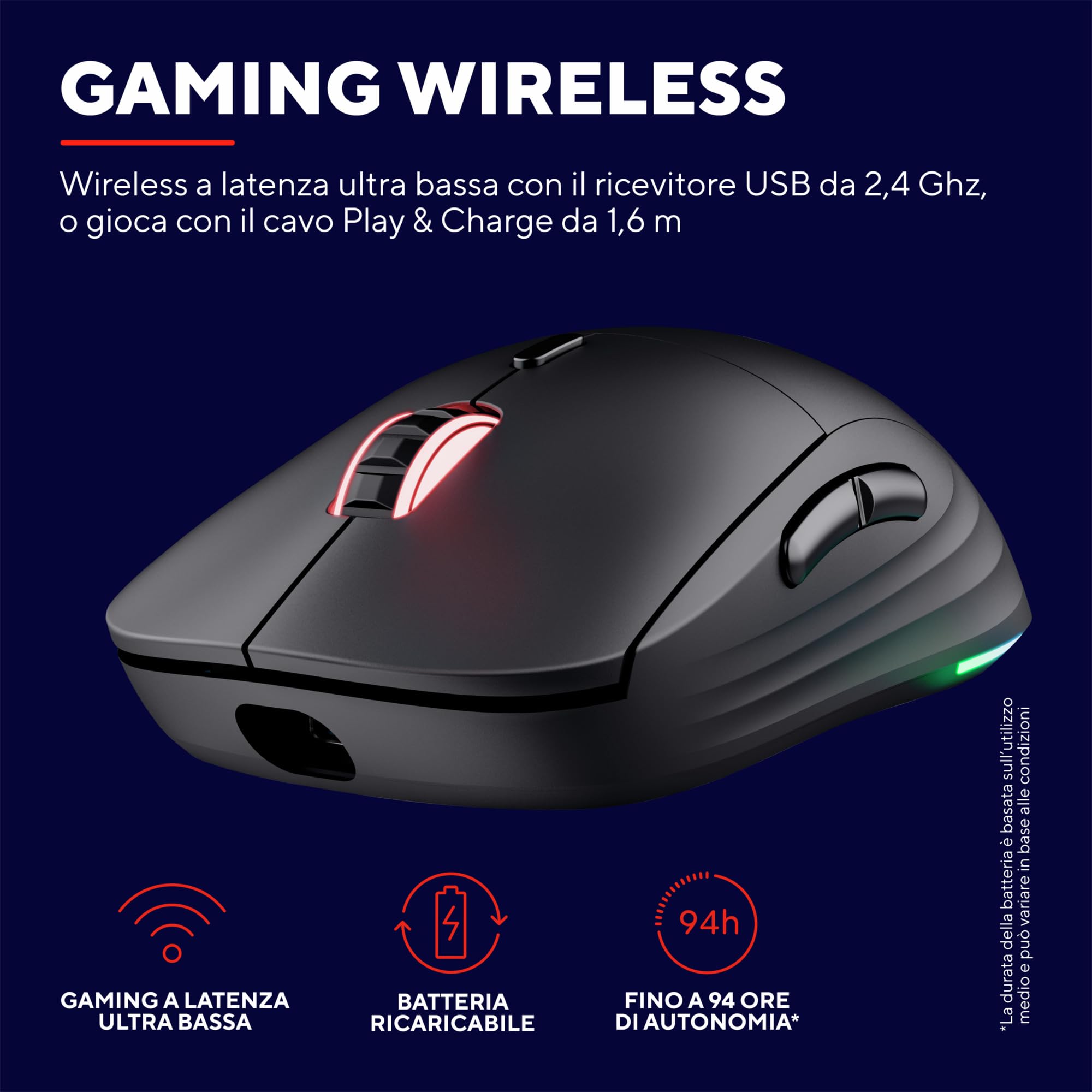 GXTrust Redex+ Mouse Gaming Wireless 25K DPI, 2.4GHz, Kailh Switches, Nero | 94 Ore di Autonomia, 6 Pulsanti Programmabili, Ricaricabile, RGB, per Laptop Computer Portatile